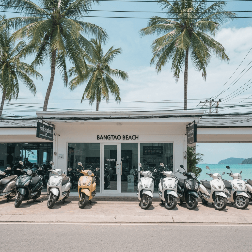 PMR Bangtao scooter rental shop in tropical Bangtao Beach, Phuket with premium scooters and palm trees